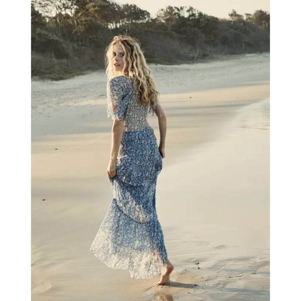Doen | Antoinette Floral Silk Chiffon Maxi Dress in Porcelain Blue Tea Floral XS - Picture 3 of 16
